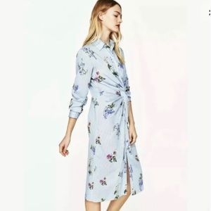 Zara Striped Floral Midi Shirt Dress - Sz Medium
